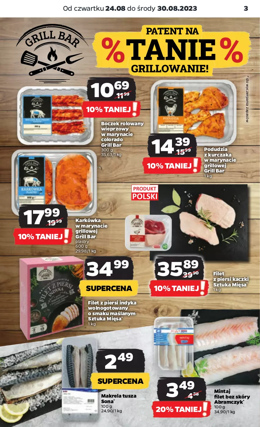 Gazetka promocyjna Netto - Artykuły spożywcze - ważna 24.08 do 30.08.2023 - strona 3 - produkty: Boczek, Filet z piersi indyka, Filet z piersi kaczki, Grill, Kurczak, Mintaj, Tusz