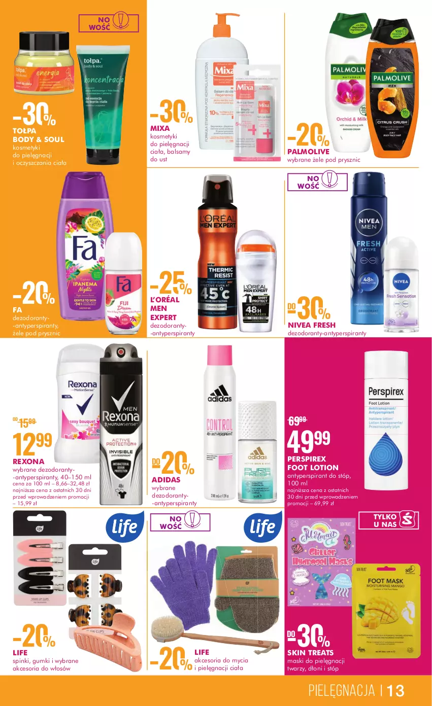 Gazetka promocyjna Super Pharm - Gazetka - ważna 01.06 do 14.06.2023 - strona 13 - produkty: Adidas, Antyperspirant, Antyperspirant do stóp, Body, Dezodorant, Fa, Kosmetyki do pielęgnacji, L’Oréal, Mixa, Nivea, Palmolive, Rexona, Tołpa