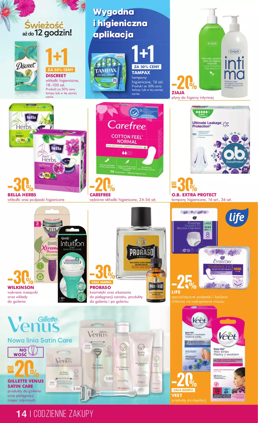 Gazetka promocyjna Super Pharm - Gazetka - ważna 01.06 do 14.06.2023 - strona 14 - produkty: Bell, Bella, Bielizna, Carefree, Discreet, Gillette, Gillette Venus, O.B., Pax, Podpaski, Sati, Tampax, Tampony, Veet, Venus, Wkładki, Ziaja