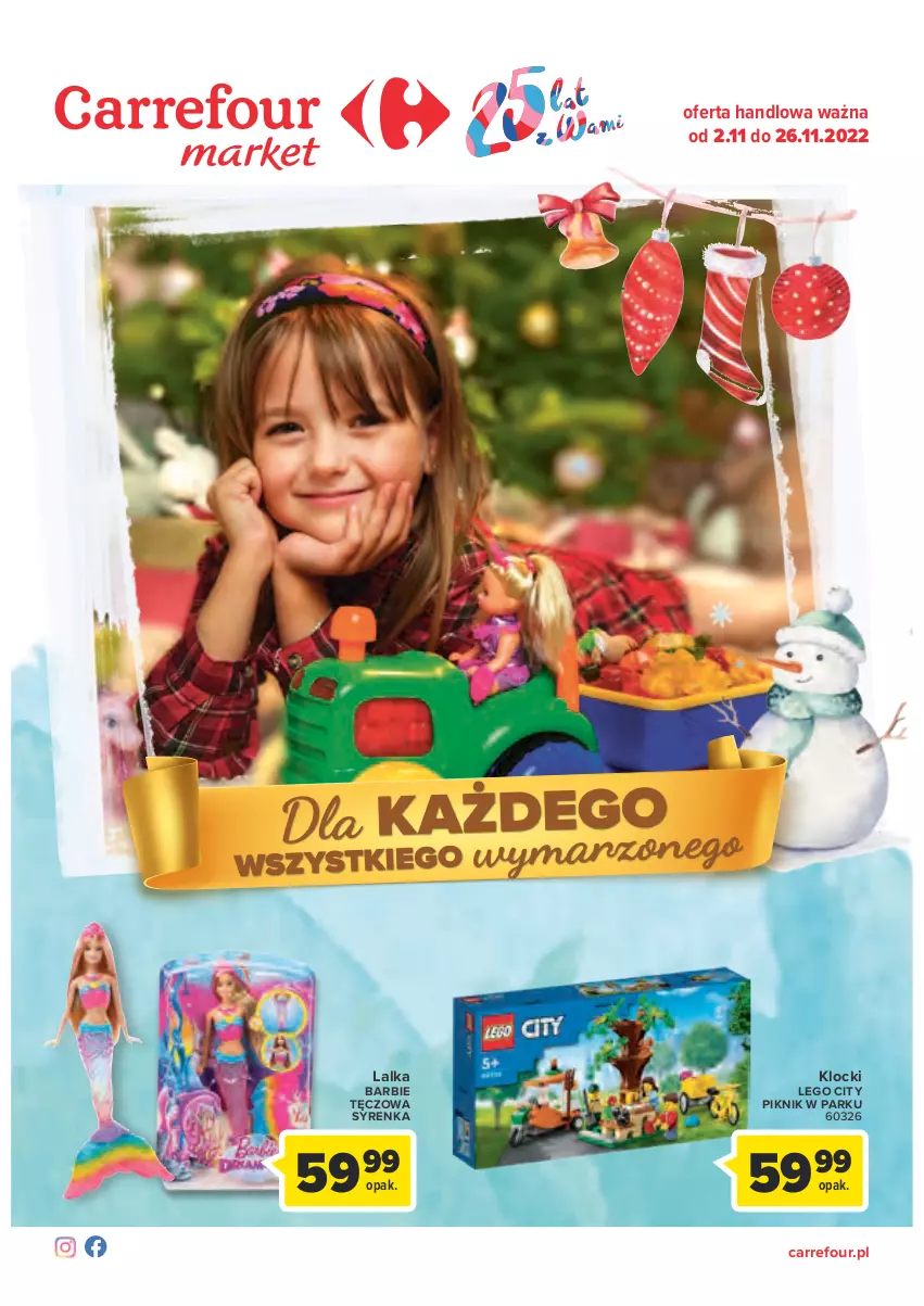 Gazetka promocyjna Carrefour - Gazetka Zabawki - ważna 02.11 do 26.11.2022 - strona 1 - produkty: Barbie, Klocki, Lalka, LEGO, LEGO City, Tęczowa syrenka