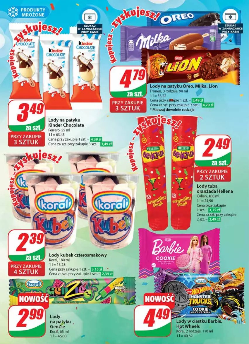 Gazetka promocyjna Dino - Gazetka 22 / 2024 - ważna 29.05 do 04.06.2024 - strona 13 - produkty: Barbie, Ferrero, Hellena, Hot Wheels, Kinder, Kubek, Lion, Lody, Milka, Oranżada, Oreo