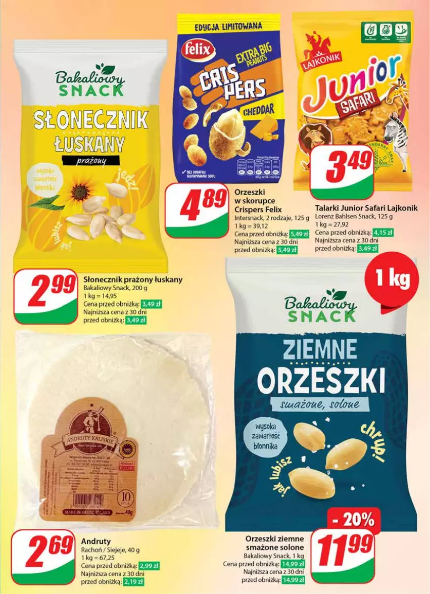 Gazetka promocyjna Dino - Gazetka 22 / 2024 - ważna 29.05 do 04.06.2024 - strona 43 - produkty: Fa, Felix, Lajkonik, Lorenz, Orzeszki, Orzeszki w skorupce, Orzeszki ziemne, Słonecznik prażony