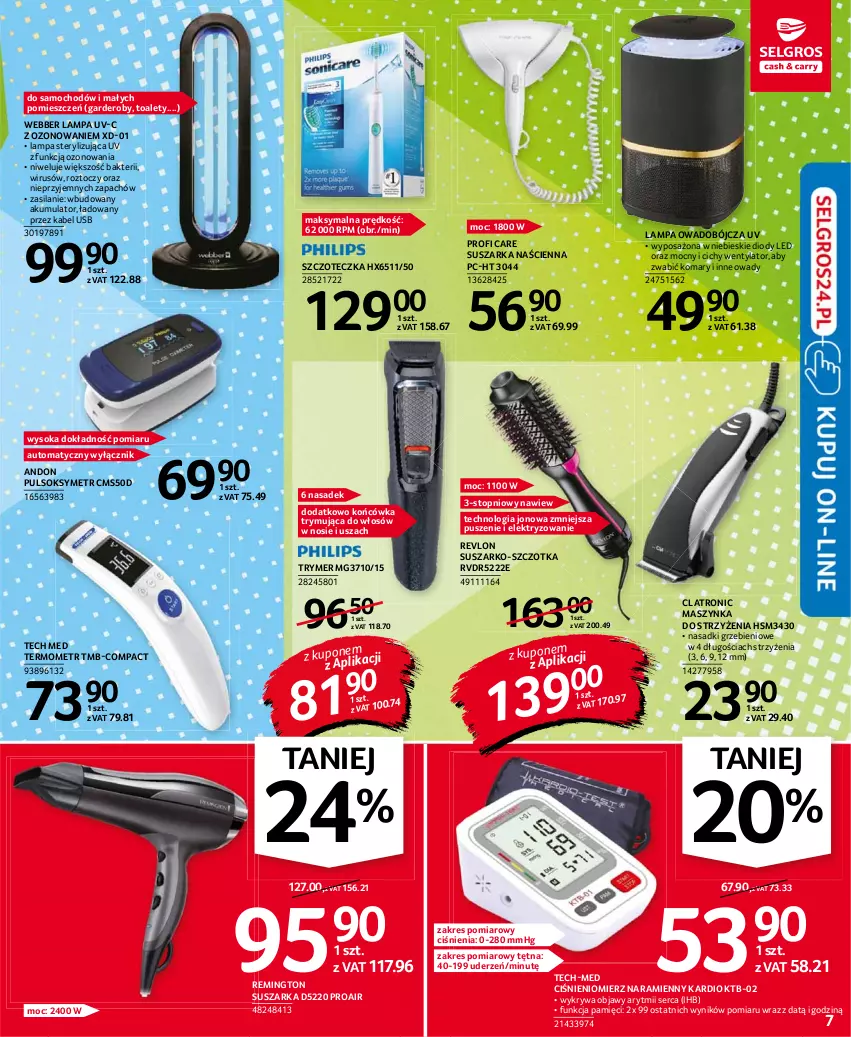 Gazetka promocyjna Selgros - Oferta przemysłowa - ważna 19.08 do 01.09.2021 - strona 7 - produkty: Akumulator, Ciśnieniomierz, Kabel USB, Lampa, Maszynka, Pulsoksymetr, Remington, Revlon, Ser, Silan, Sok, Suszarka, Szczoteczka, Szczotka, Szynka, Termometr, Top