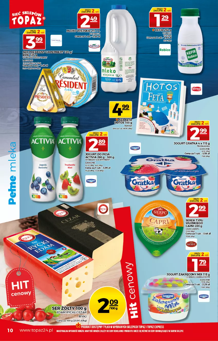 Gazetka promocyjna Topaz - Gazetka - ważna 06.05 do 12.05.2021 - strona 10 - produkty: Activia, Borówka, Brie, Camembert, Danone, Edam, Feta, Gra, Jogurt, Kefir, Mleko, Ser, Serek