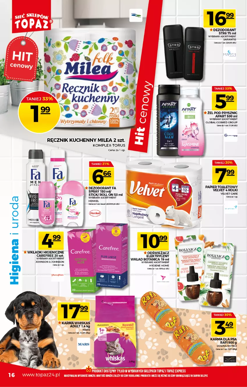 Gazetka promocyjna Topaz - Gazetka - ważna 06.05 do 12.05.2021 - strona 16 - produkty: Carefree, Dezodorant, Fa, Mars, Papier, Papier toaletowy, Ręcznik, Ręcznik kuchenny, Rolki, Str8, Velvet, Whiskas, Wkładki