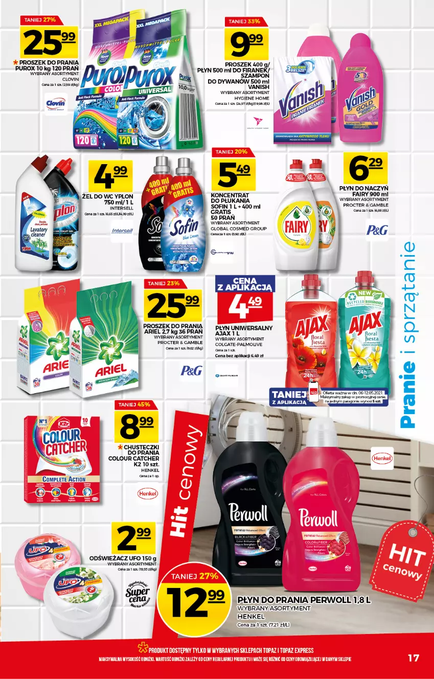 Gazetka promocyjna Topaz - Gazetka - ważna 06.05 do 12.05.2021 - strona 17 - produkty: Ajax, Ariel, Chusteczki, Chusteczki do prania, Colgate, Fa, Fairy, Gra, K2, LG, Palmolive, Perwoll, Płyn do prania, Proszek do prania, Pur, Szampon