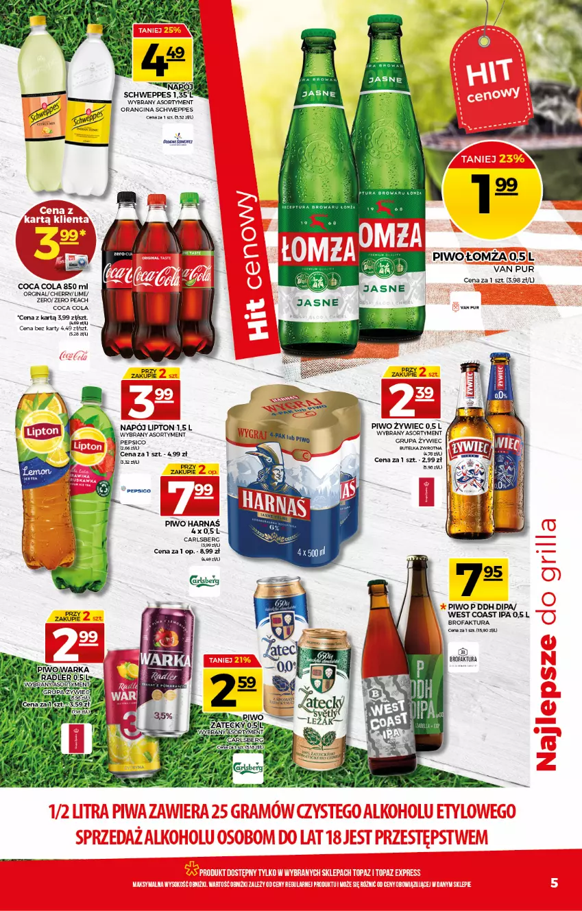 Gazetka promocyjna Topaz - Gazetka - ważna 06.05 do 12.05.2021 - strona 5 - produkty: Carlsberg, Fa, Gin, Harnaś, Lipton, Napój, Pepsi, Piwo, Pur, Radler, Schweppes, Warka