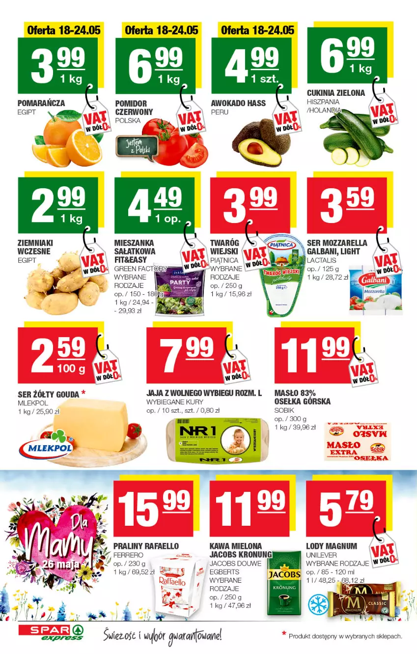 Gazetka promocyjna Spar - SparExpress - ważna 15.05 do 25.05.2022 - strona 2 - produkty: Fa, Ferrero, Galbani, Gouda, Jacobs, Jaja, Jaja z wolnego wybiegu, Kawa, Kawa mielona, Lody, Masło, Mozzarella, Piątnica, Praliny, Sałat, Ser, Twaróg, Ziemniaki