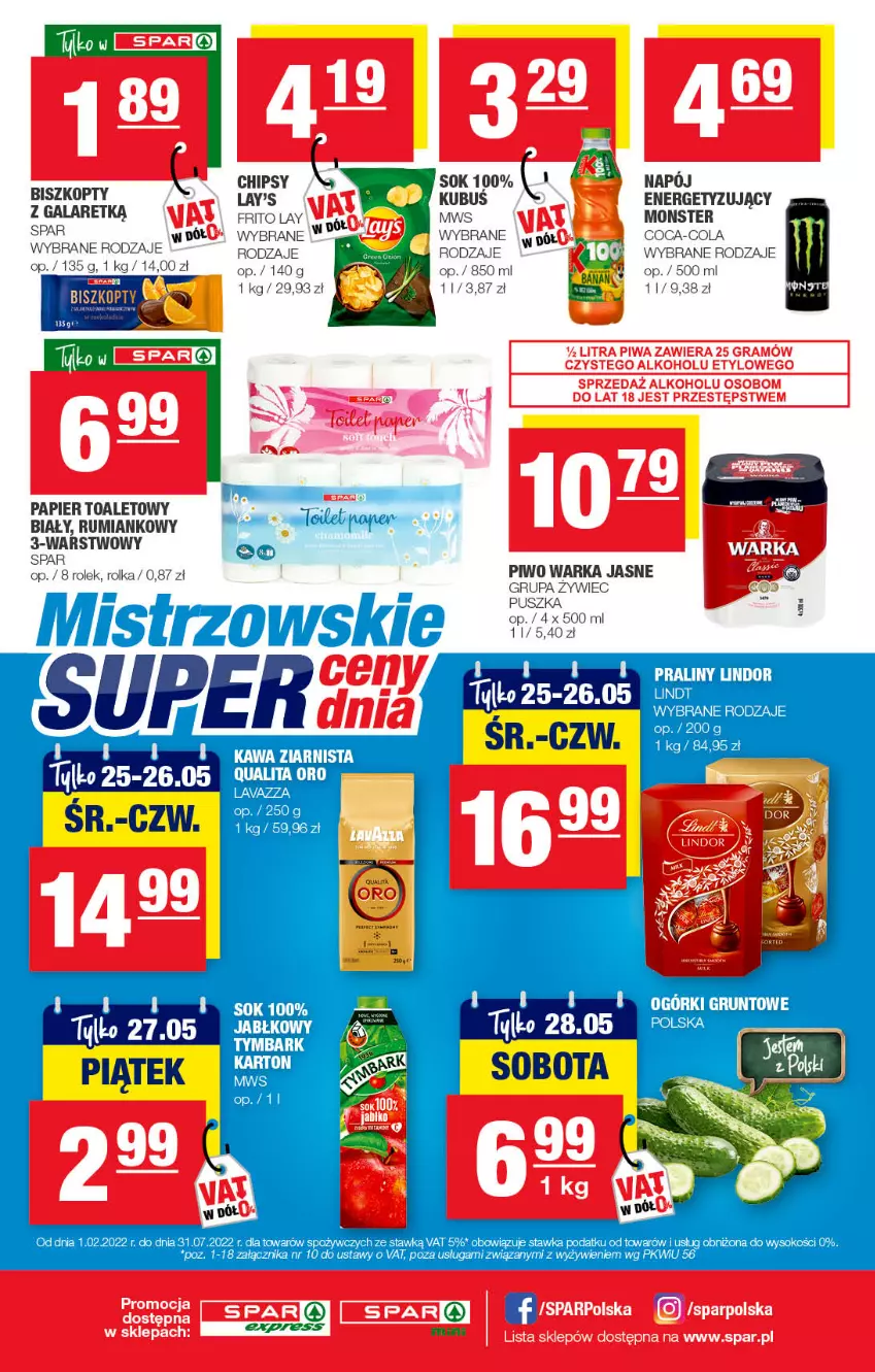 Gazetka promocyjna Spar - SparExpress - ważna 15.05 do 25.05.2022 - strona 4 - produkty: Biszkopty, Chipsy, Coca-Cola, Gala, Lindor, Napój, Papier, Papier toaletowy, Piwo, Praliny, Rum, Sok, Tymbark, Warka