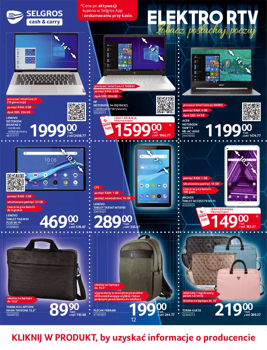 Gazetka promocyjna Selgros - Katalog Elektro - ważna 10.06 do 23.06.2021 - strona 12 - produkty: Acer, Fa, Hama, HP, Intel, Lenovo, LG, Notebook, Pasek, Plecak, Powerbank, Procesor, Tablet, Telefon, Top, Torba