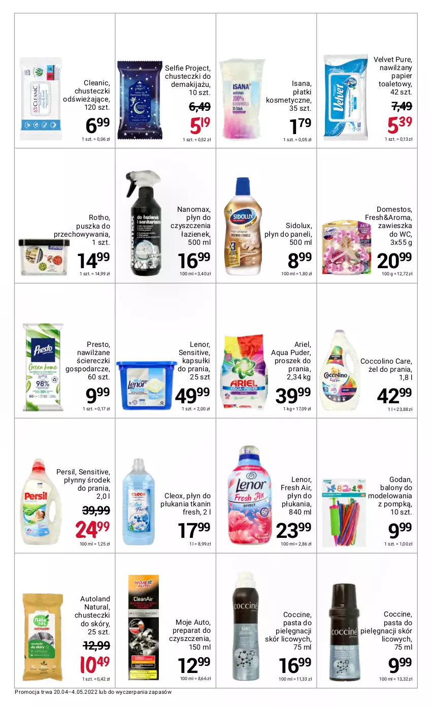 Gazetka promocyjna Rossmann - ważna 20.04 do 04.05.2022 - strona 44 - produkty: Ariel, Balony, Chusteczki, Cleanic, Coccolino, Domestos, Isana, Kapsułki do prania, Lenor, Makijaż, Moje Auto, Nanomax, Nawilżany papier, Papier, Papier toaletowy, Persil, Płatki kosmetyczne, Płyn do płukania, Preparat do czyszczenia, Presto, Proszek do prania, Puder, Pur, Sidolux, Velvet, Zawieszka do wc