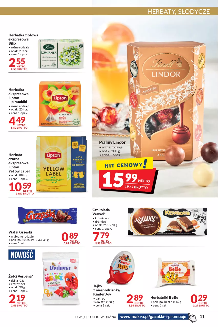 Gazetka promocyjna Makro - [Oferta promocyjna] Artykuły spożywcze i przemysłowe - ważna 28.06 do 11.07.2022 - strona 11 - produkty: Czekolada, Dzika róża, Grześki, Herbata, Herbata czarna, Herbatniki, Kinder, Lindor, Lipton, Praliny, Róża, Wawel