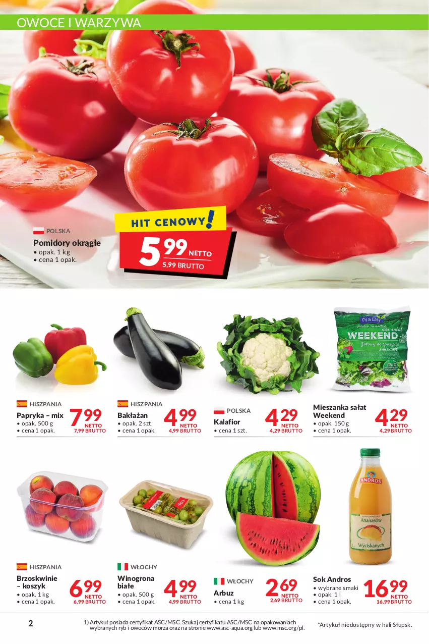 Gazetka promocyjna Makro - [Oferta promocyjna] Artykuły spożywcze i przemysłowe - ważna 28.06 do 11.07.2022 - strona 2 - produkty: Arbuz, Brzoskwinie, Kalafior, Kosz, Mieszanka sałat, Owoce, Papryka, Pomidory, Sałat, Sok, Warzywa, Wino, Winogrona