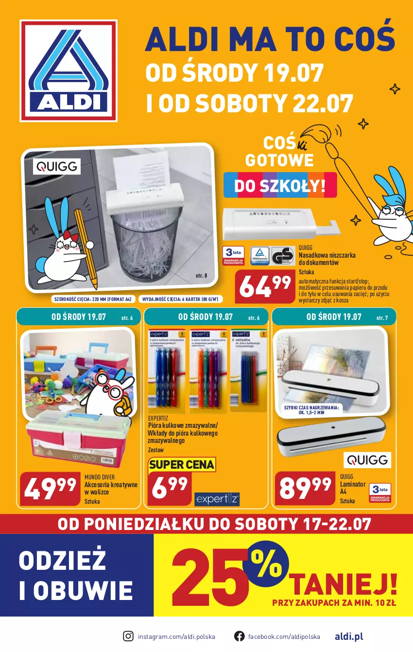 Gazetka promocyjna Aldi - Artykuły przemysłowe i tekstylia - ważna 19.07 do 22.07.2023 - strona 1 - produkty: Fa, Gra, Kosz, Niszczarka, Obuwie, Papier, Pióra kulkowego, Top