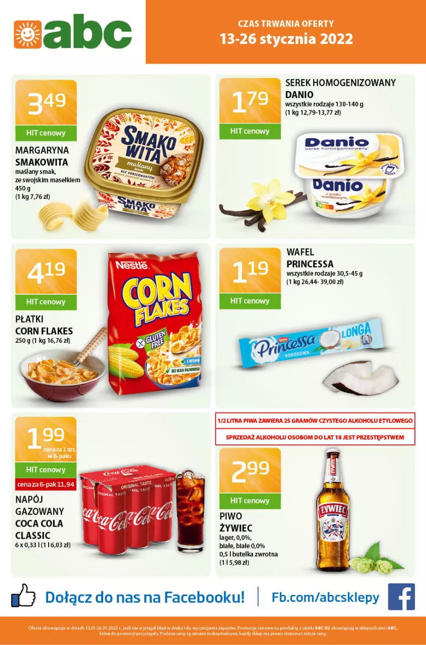 Gazetka promocyjna ABC - Gazetka - ważna 14.01 do 27.01.2022 - strona 1 - produkty: Corn flakes, Danio, Fa, Margaryna, Mars, Napój, Napój gazowany, O nas, Piwo, Ser, Serek, Serek homogenizowany, Smakowita