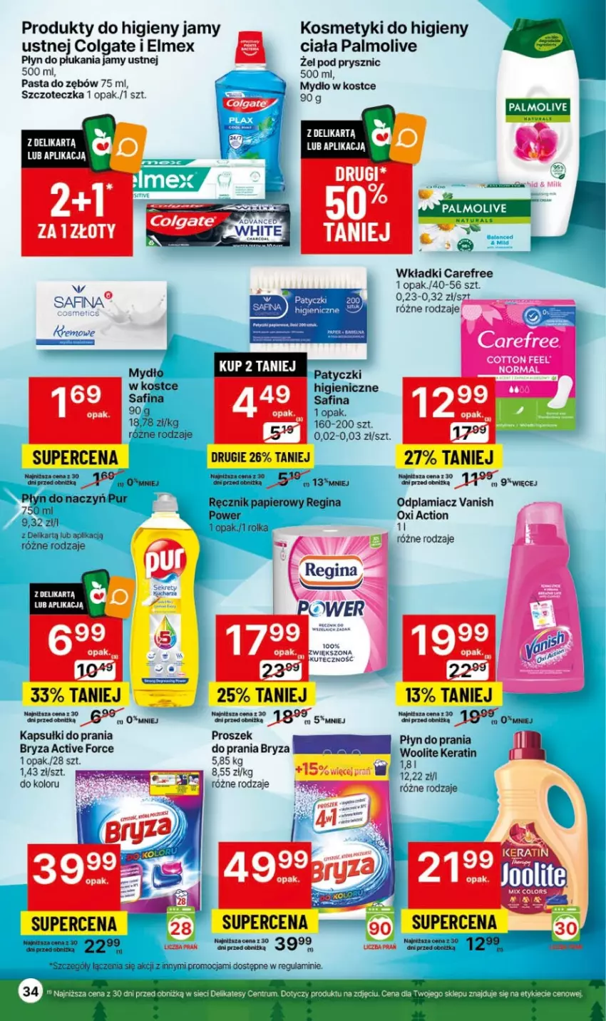 Gazetka promocyjna Delikatesy Centrum - Dyskontowe ceny w Delikatesach Centrum - ważna 07.12 do 13.12.2023 - strona 34 - produkty: Bryza, Carefree, Colgate, Elmex, Gin, Kapsułki do prania, LG, Mydło, Odplamiacz, Palmolive, Papier, Pasta do zębów, Płyn do płukania, Płyn do płukania jamy ustnej, Płyn do prania, Proszek do prania, Pur, Ręcznik, Szczoteczka, Vanish, Wkładki, Woolite