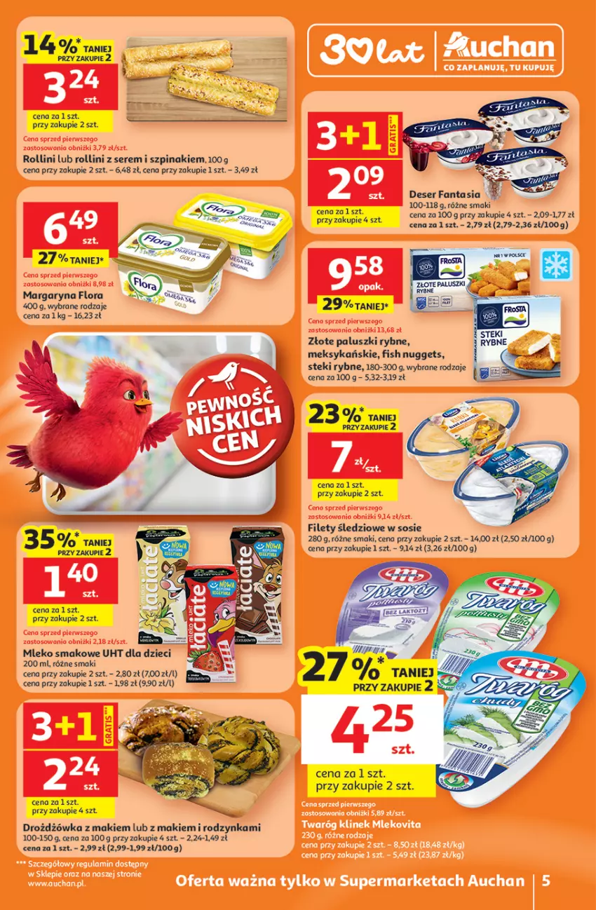 Gazetka promocyjna Auchan - Gazetka 30 Lat Supermarket Auchan - ważna 26.02 do 04.03.2026 - strona 5 - produkty: Deser, Dzieci, Fa, Fanta, Flora, Margaryna, Mleko, Mleko smakowe, Paluszki rybne, Ser, Sos, Stek, Szpinak