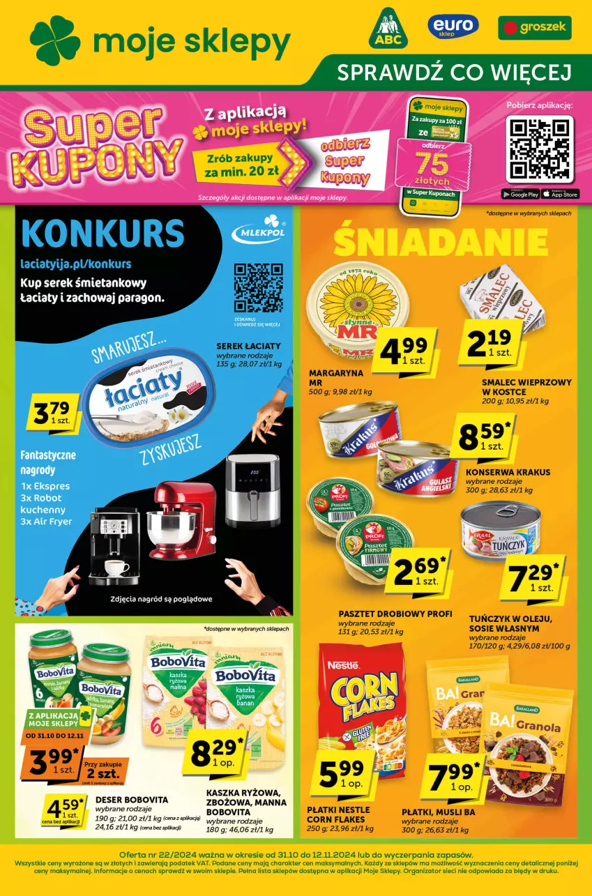 Gazetka promocyjna ABC - ważna 31.10 do 12.11.2024 - strona 1 - produkty: BoboVita, Corn flakes, Deser, Krakus, Margaryna, Mus, Olej, Pasztet, Ryż, Ser, Smalec, Sos, Tuńczyk