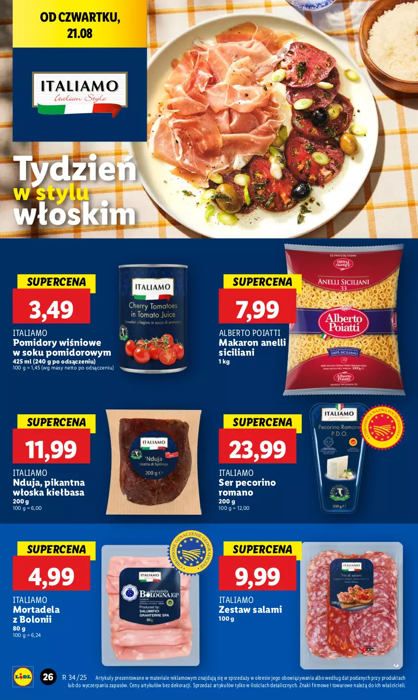 Gazetka promocyjna Lidl - GAZETKA - ważna 21.08 do 23.08.2025 - strona 30 - produkty: Kiełbasa, Makaron, Pecorino, Pomidory, Salami, Ser, Sok