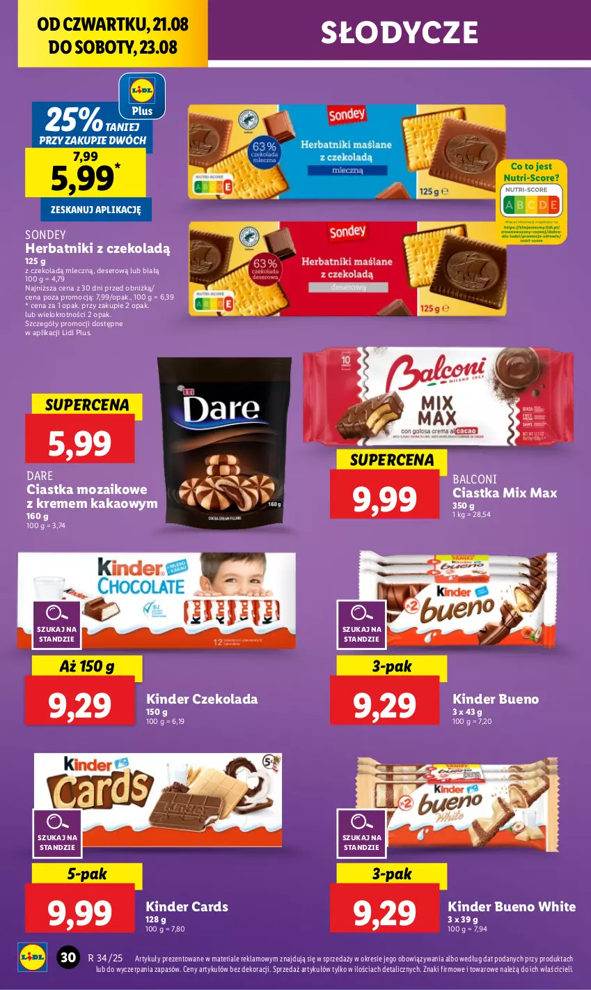 Gazetka promocyjna Lidl - GAZETKA - ważna 21.08 do 23.08.2025 - strona 36 - produkty: Alcon, Ciastka, Czekolada, Deser, Herbatniki, Kakao, Kinder, Kinder Bueno, Ser