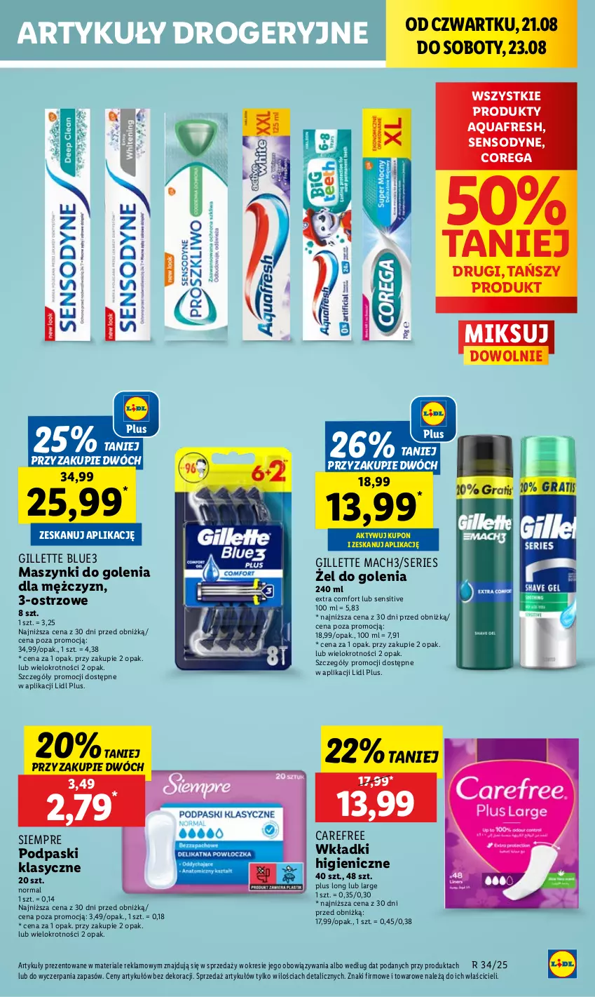 Gazetka promocyjna Lidl - GAZETKA - ważna 21.08 do 23.08.2025 - strona 53 - produkty: Aquafresh, Carefree, Corega, Gillette, Mach3, Podpaski, Sensodyne, Ser, Wkładki