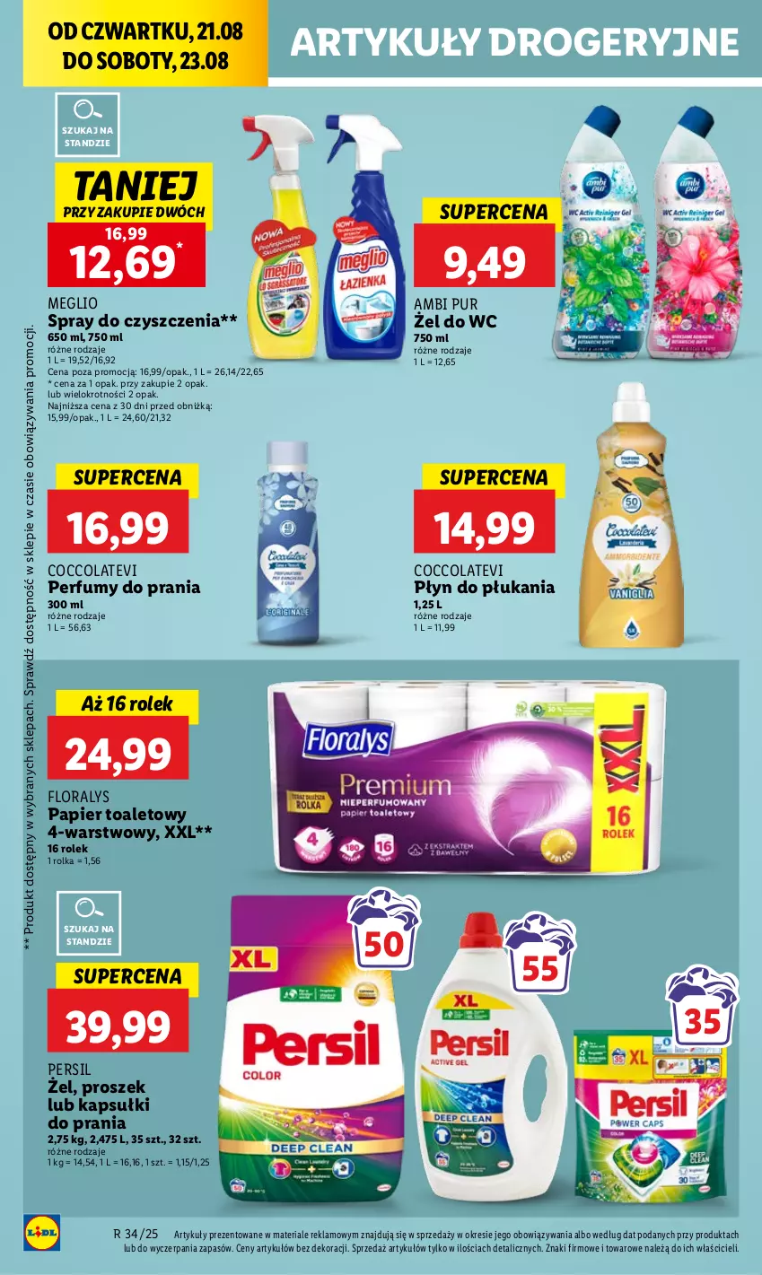 Gazetka promocyjna Lidl - GAZETKA - ważna 21.08 do 23.08.2025 - strona 54 - produkty: Ambi Pur, Flora, Kapsułki do prania, Papier, Papier toaletowy, Perfum, Persil, Płyn do płukania, Pur, Spray do czyszczenia
