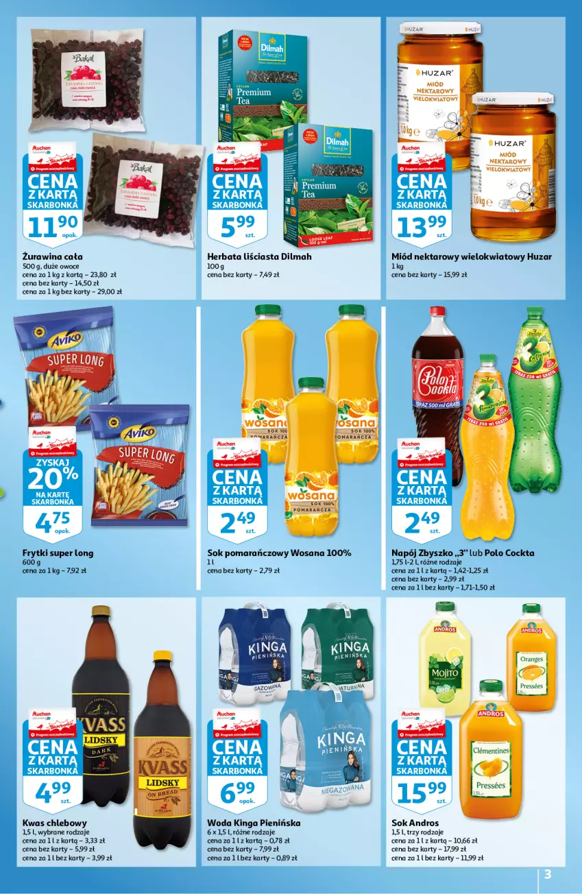 Gazetka promocyjna Auchan - Skarbonka #9 - ważna 04.03 do 10.03.2021 - strona 3 - produkty: Chleb, Dilmah, Frytki, Gra, Herbata, Miód, Napój, Nektar, Owoce, Sok, Sok pomarańczowy, Woda, Wosana