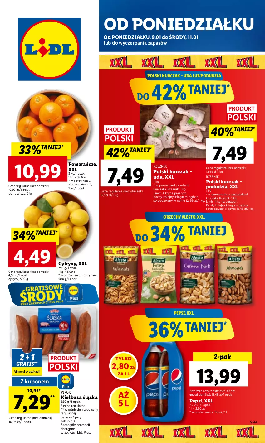 Gazetka promocyjna Lidl - GAZETKA - ważna 09.01 do 11.01.2023 - strona 1 - produkty: Cytryny, Gra, Kiełbasa, Kiełbasa śląska, Kurczak, Olej, Pepsi, PIKOK, Pomarańcze, Por