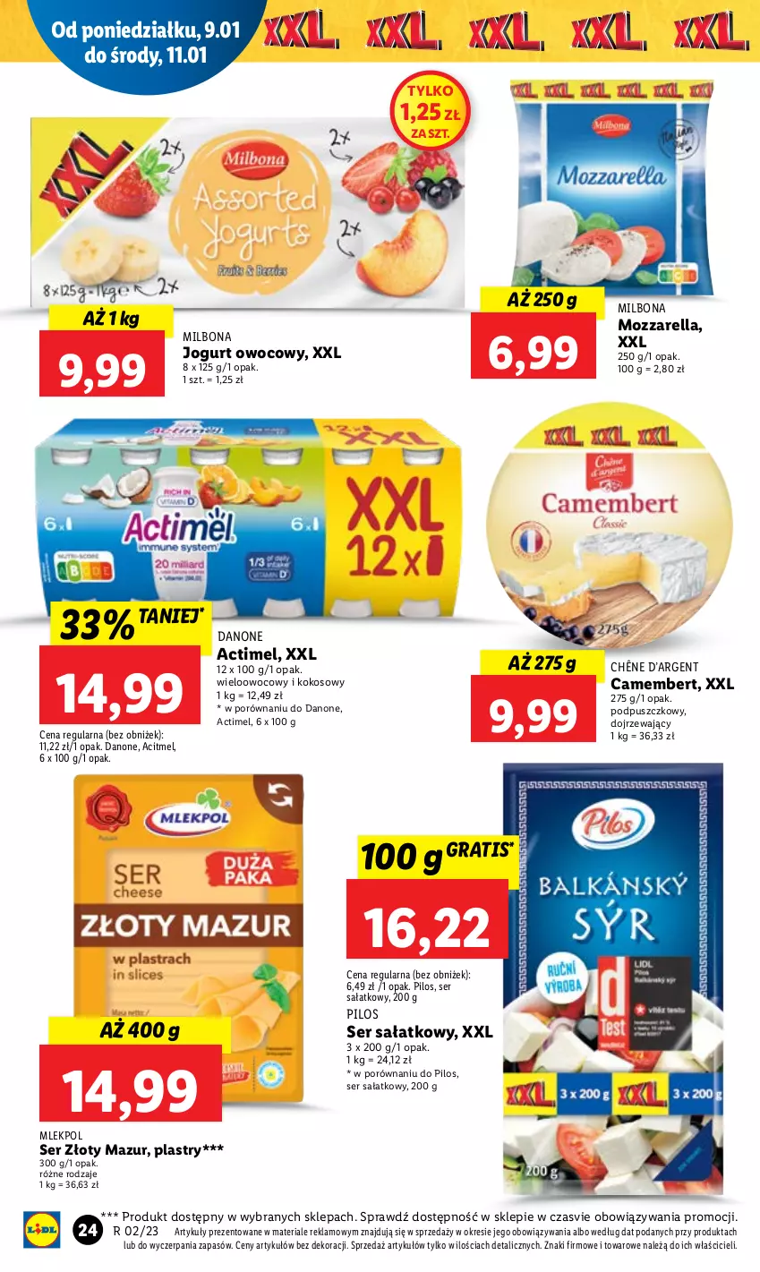 Gazetka promocyjna Lidl - GAZETKA - ważna 09.01 do 11.01.2023 - strona 28 - produkty: Actimel, Camembert, Danone, Gra, Jogurt, Jogurt owocowy, Kokos, Mozzarella, Pilos, Por, Sałat, Ser, Złoty Mazur