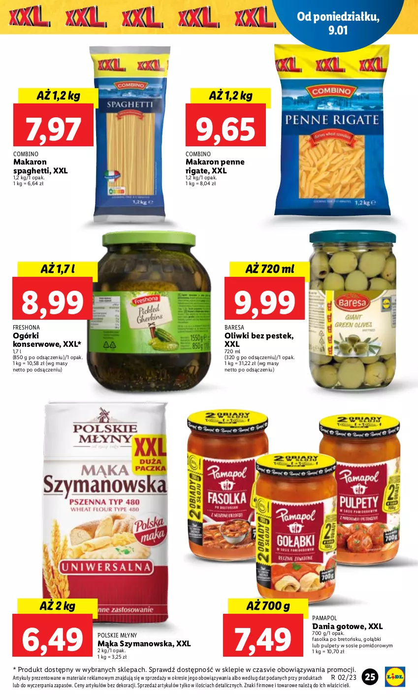 Gazetka promocyjna Lidl - GAZETKA - ważna 09.01 do 11.01.2023 - strona 29 - produkty: Dania gotowe, Fa, Mąka, Makaron, Ogórki konserwowe, Oliwki, Penne, Polskie Młyny, Pulpety, Ser, Sos, Spaghetti, Stek