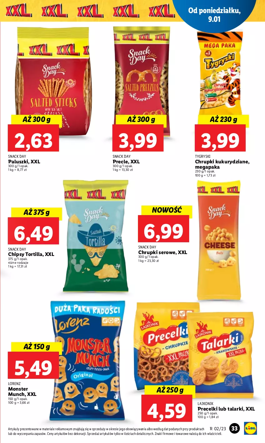 Gazetka promocyjna Lidl - GAZETKA - ważna 09.01 do 11.01.2023 - strona 37 - produkty: Chipsy, Chrupki, Gry, Lajkonik, Lorenz, Monster Munch, Precelki, Precle, Ser, Tortilla