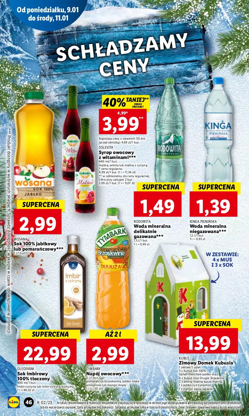 Gazetka promocyjna Lidl - GAZETKA - ważna 09.01 do 11.01.2023 - strona 50 - produkty: Aronia, Fa, Imbir, Kasza, Kasza jaglana, Kubuś, Kurkuma, LANA, Mango, Mięta, Mus, Napój, Oleo, Oleofarm, Ryż, Sok, Syrop, Tymbark, Wino, Woda, Woda mineralna, Wosana