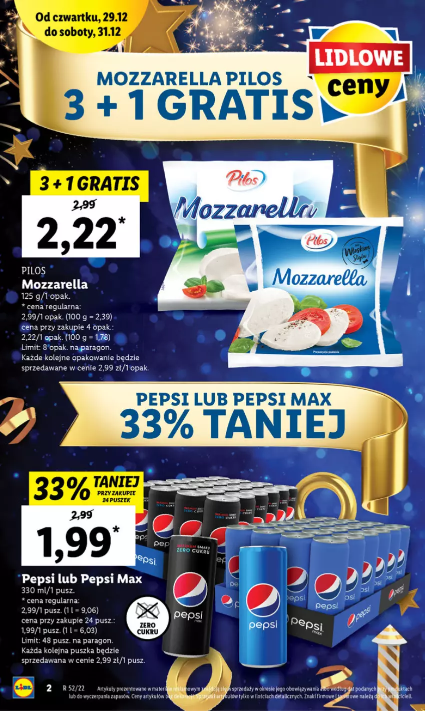 Gazetka promocyjna Lidl - GAZETKA - ważna 29.12 do 31.12.2022 - strona 2 - produkty: Gra, Mozzarella, Olej, Pepsi, Pepsi max