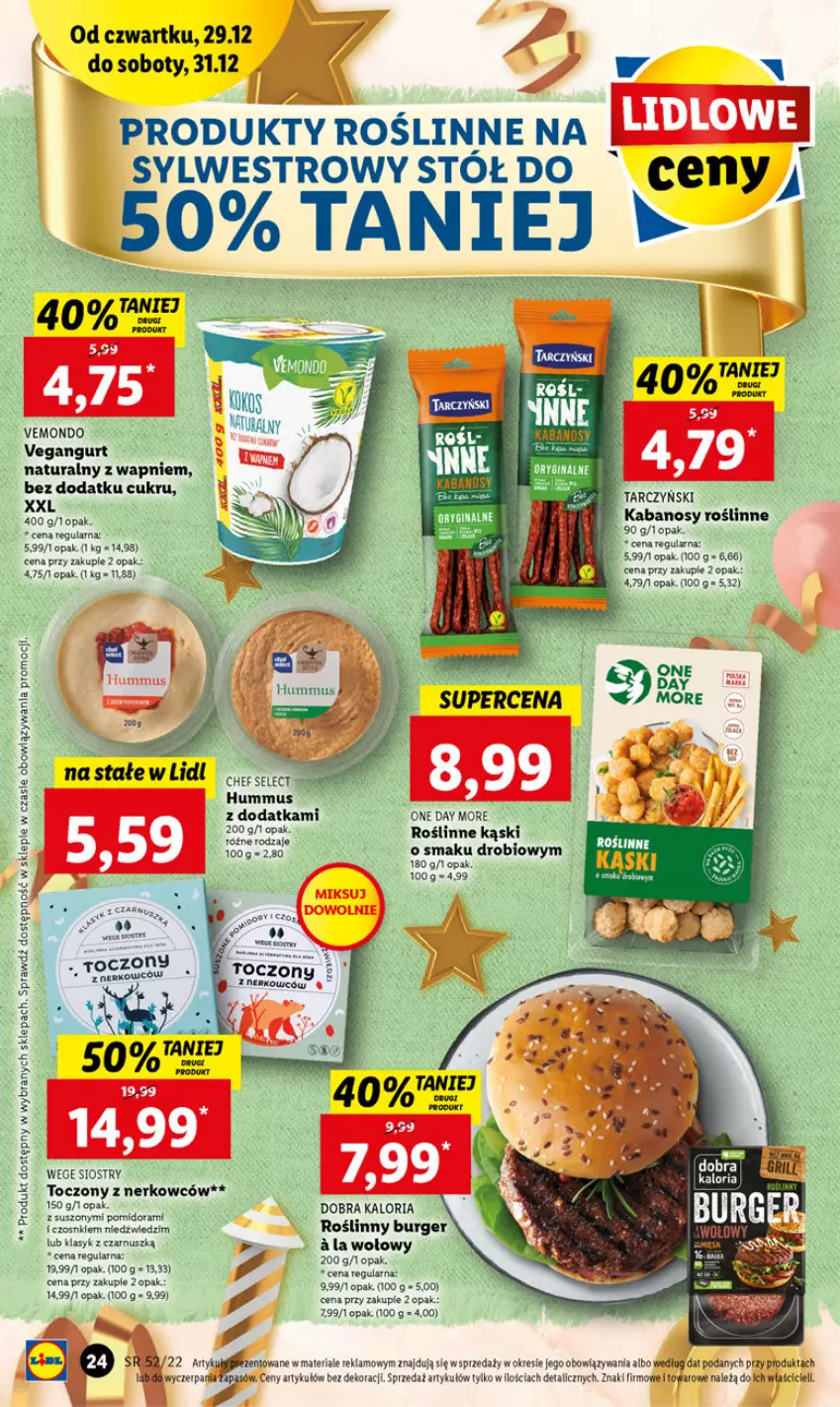 Gazetka promocyjna Lidl - GAZETKA - ważna 29.12 do 31.12.2022 - strona 24 - produkty: Burger, Hummus, Kabanos, Mus, Roślinny burger, Stół, Tarczyński, Vegangurt