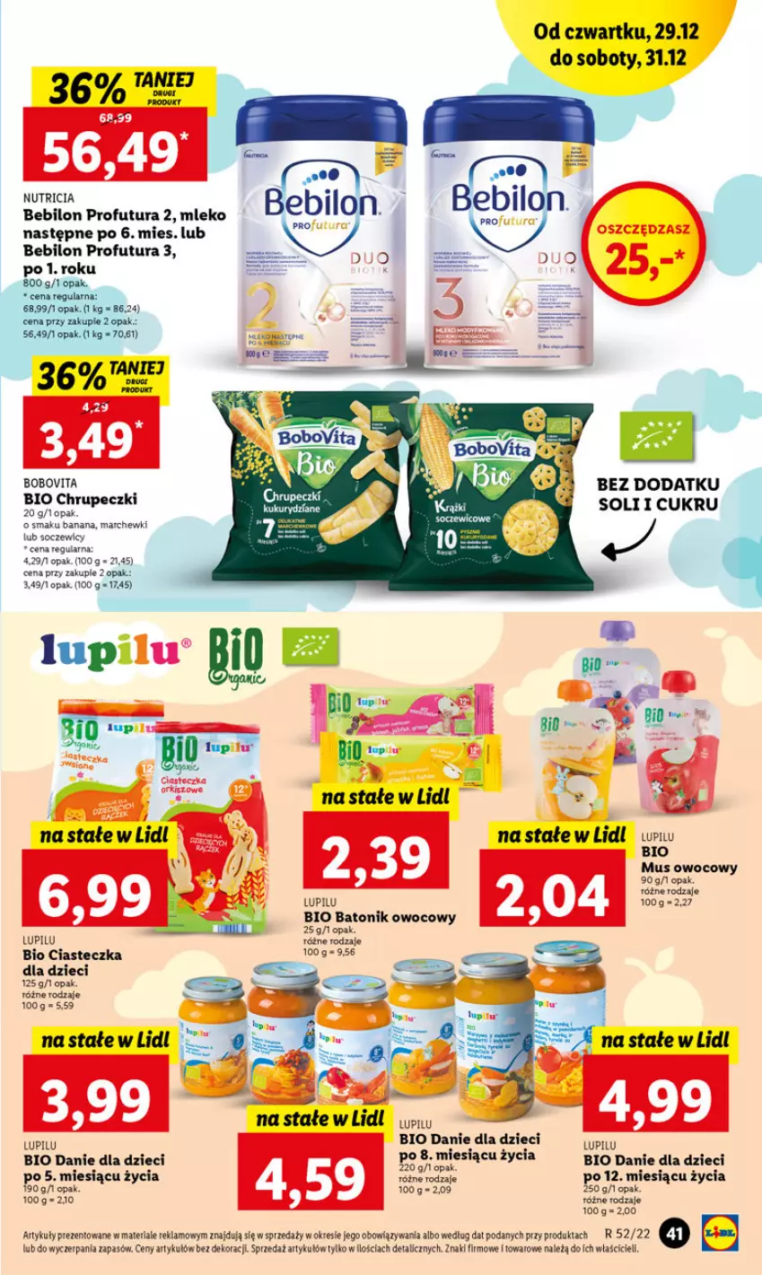 Gazetka promocyjna Lidl - GAZETKA - ważna 29.12 do 31.12.2022 - strona 43 - produkty: Baton, BEBILON, Bio Batonik, BoboVita, Danie dla dzieci, Dzieci, Mleko, Mus, O nas, Tonik