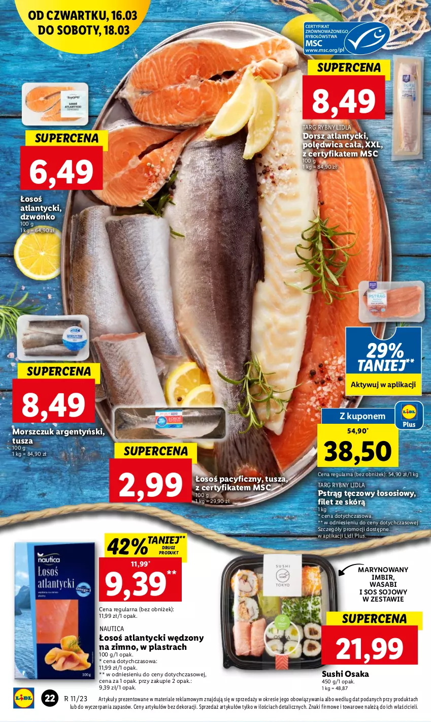 Gazetka promocyjna Lidl - GAZETKA - ważna 16.03 do 18.03.2023 - strona 22 - produkty: Dorsz, Imbir, Polędwica, Pstrąg, Pstrąg tęczowy, Sos, Sos sojowy, Sushi, Tusz, Wasa