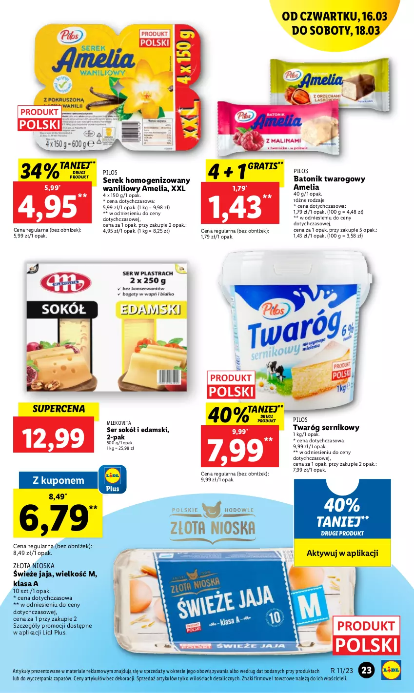 Gazetka promocyjna Lidl - GAZETKA - ważna 16.03 do 18.03.2023 - strona 23 - produkty: Baton, Batonik twarogowy, Edam, Gra, Jaja, Mleko, Mlekovita, Pilos, Ser, Serek, Serek homogenizowany, Sok, Sokół, Tonik, Twaróg