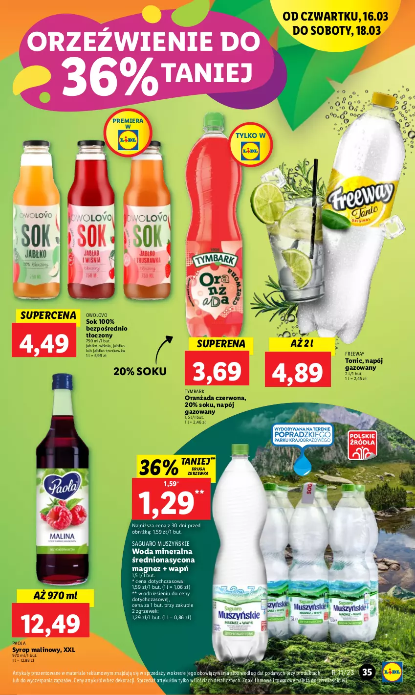 Gazetka promocyjna Lidl - GAZETKA - ważna 16.03 do 18.03.2023 - strona 35 - produkty: Magnez, Mus, Napój, Napój gazowany, Oranżada, Paola, Sok, Syrop, Tymbark, Woda, Woda mineralna