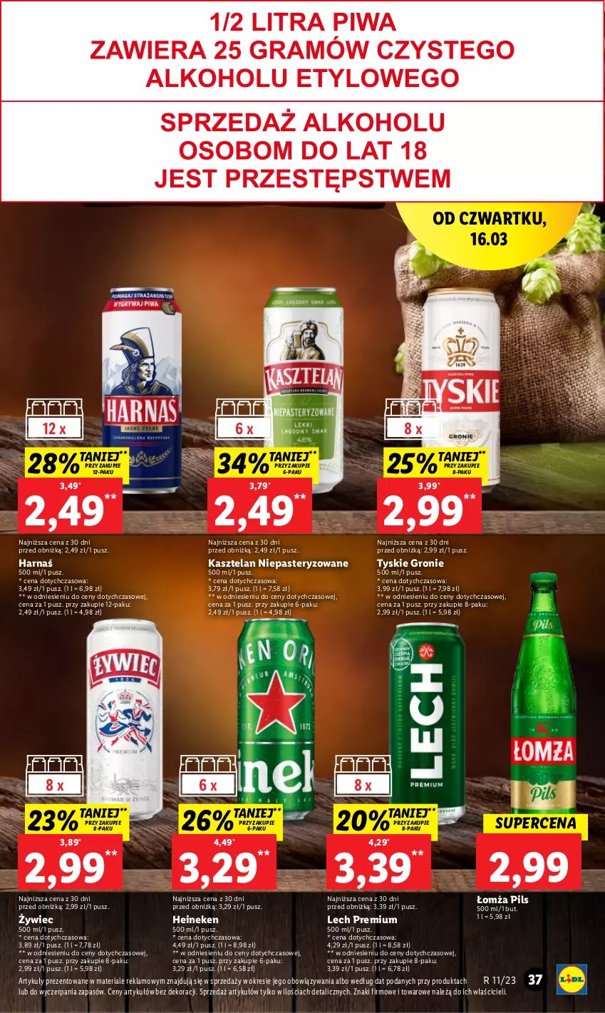 Gazetka promocyjna Lidl - GAZETKA - ważna 16.03 do 18.03.2023 - strona 37 - produkty: Harnaś, Heineken, Kasztelan, Lech Premium, Piwa, Tyskie