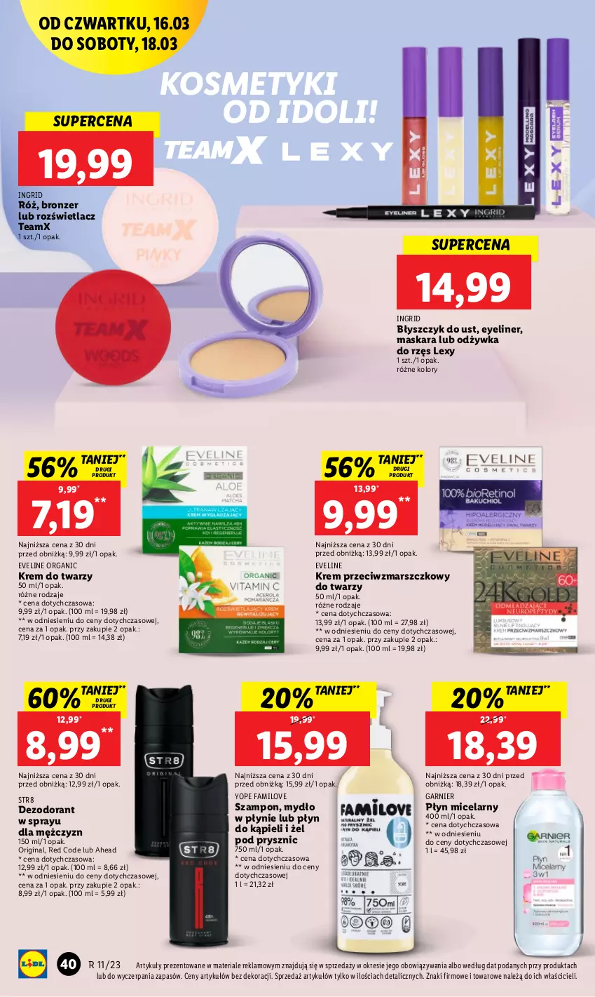 Gazetka promocyjna Lidl - GAZETKA - ważna 16.03 do 18.03.2023 - strona 42 - produkty: Błyszczyk do ust, Bronzer, Dezodorant, Eveline, Fa, Garnier, Gin, GRID, Krem do twarzy, Krem przeciwzmarszczkowy, Mars, Maska, Maskara, Mydło, Mydło w płynie, Odżywka, Płyn do kąpieli, Płyn micelarny, Rozświetlacz, Str8, Szampon, Yope