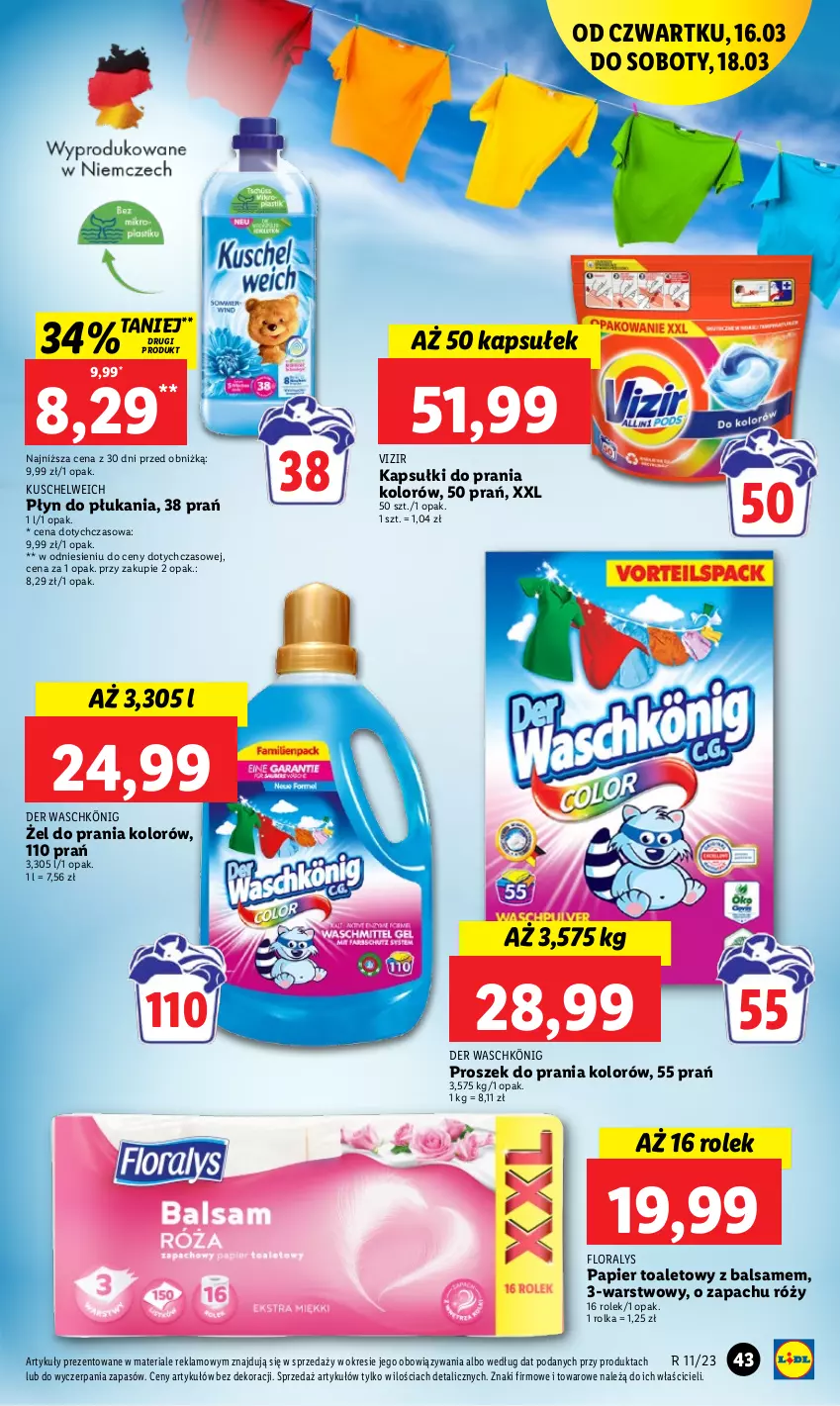 Gazetka promocyjna Lidl - GAZETKA - ważna 16.03 do 18.03.2023 - strona 45 - produkty: Flora, Kapsułki do prania, König, Papier, Papier toaletowy, Płyn do płukania, Proszek do prania, Vizir