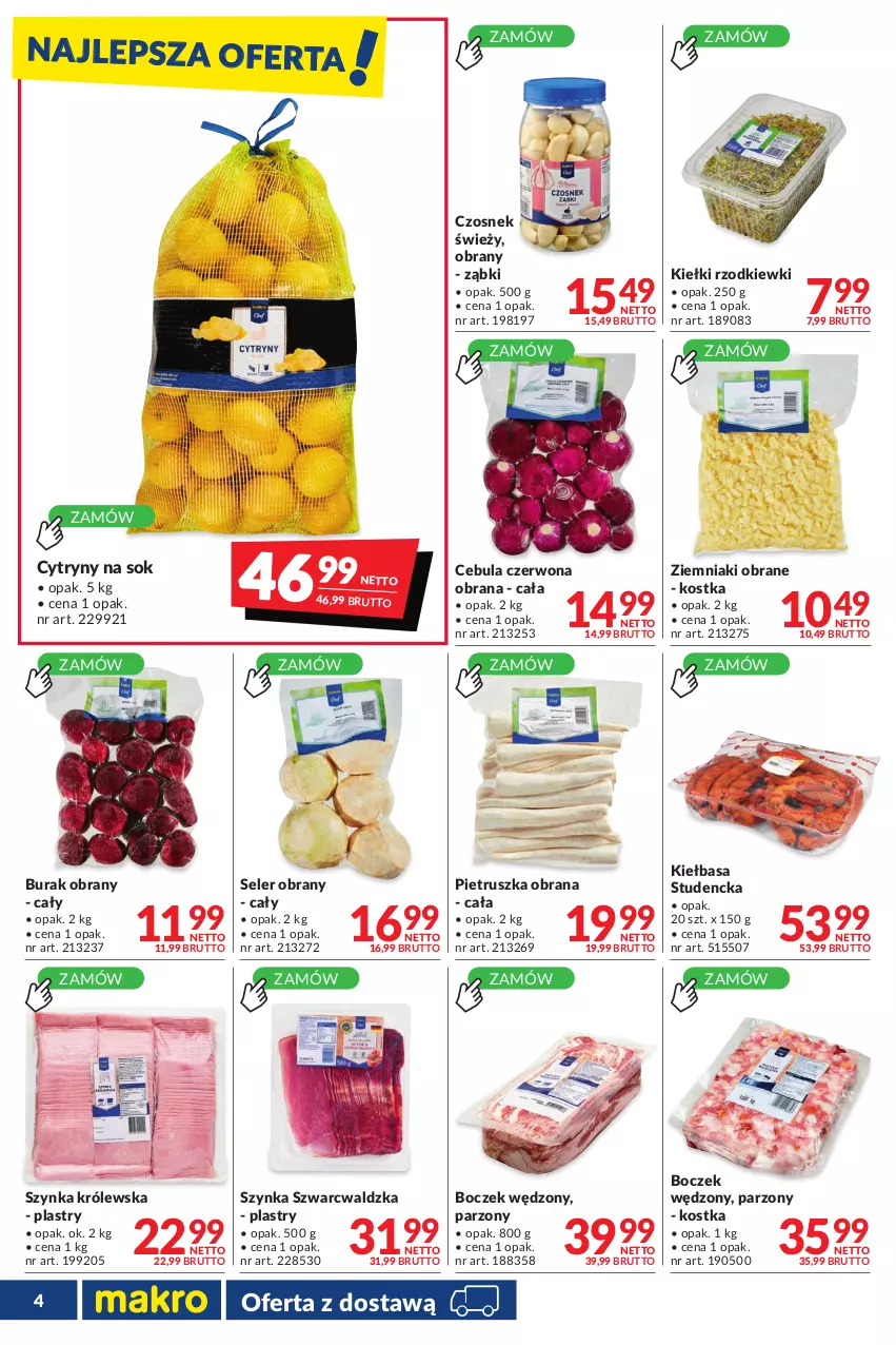 Gazetka promocyjna Makro - [Oferta promocyjna] Dostawy - ważna 26.07 do 22.08.2022 - strona 4 - produkty: Boczek, Cebula, Cebula czerwona, Cytryny, Czosnek, Kiełbasa, Kiełki, Pietruszka, Seler obrany, Sok, Szynka, Szynka Królewska, Ziemniaki