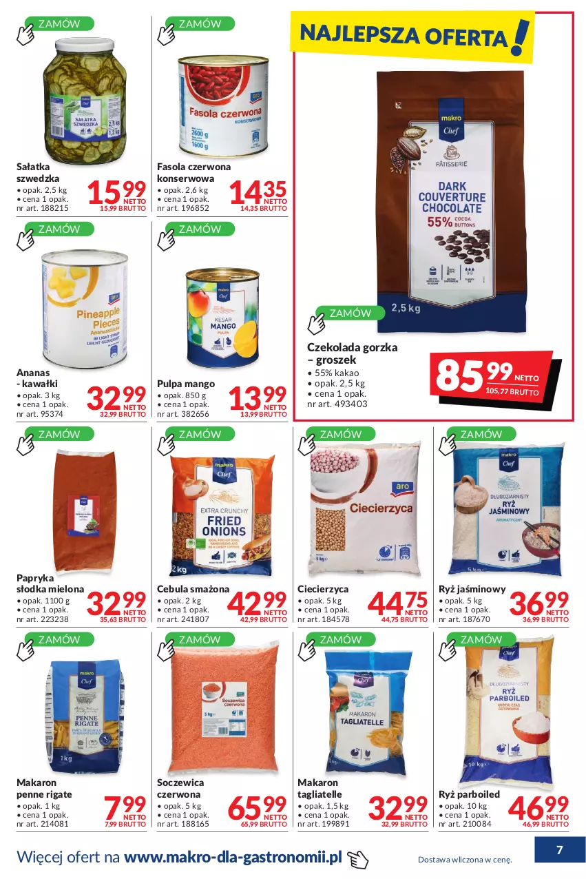 Gazetka promocyjna Makro - [Oferta promocyjna] Dostawy - ważna 26.07 do 22.08.2022 - strona 7 - produkty: Ananas, Cebula, Cebula smażona, Czekolada, Czekolada gorzka, Fa, Fasola, Groszek, Kakao, Kawa, Makaron, Mango, Papryka, Papryka słodka, Penne, Ryż, Ryż parboiled, Sałat, Sałatka, Ser, Tagliatelle