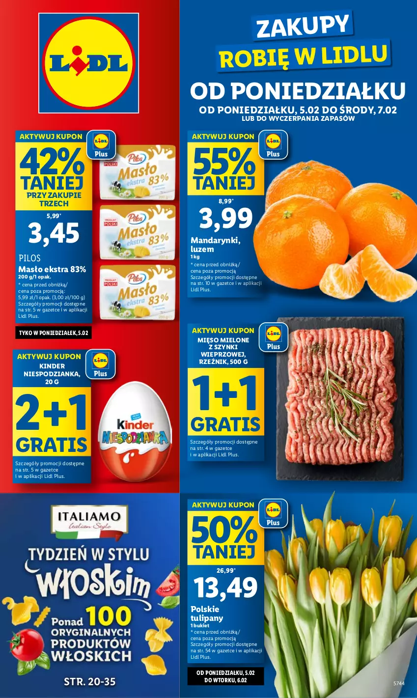 Gazetka promocyjna Lidl - GAZETKA - ważna 05.02 do 07.02.2024 - strona 1 - produkty: Bukiet, Gra, Kinder, Mandarynki, Masło, Mięso, Mięso mielone, Mięso mielone z szynki, Pilos, Tulipan