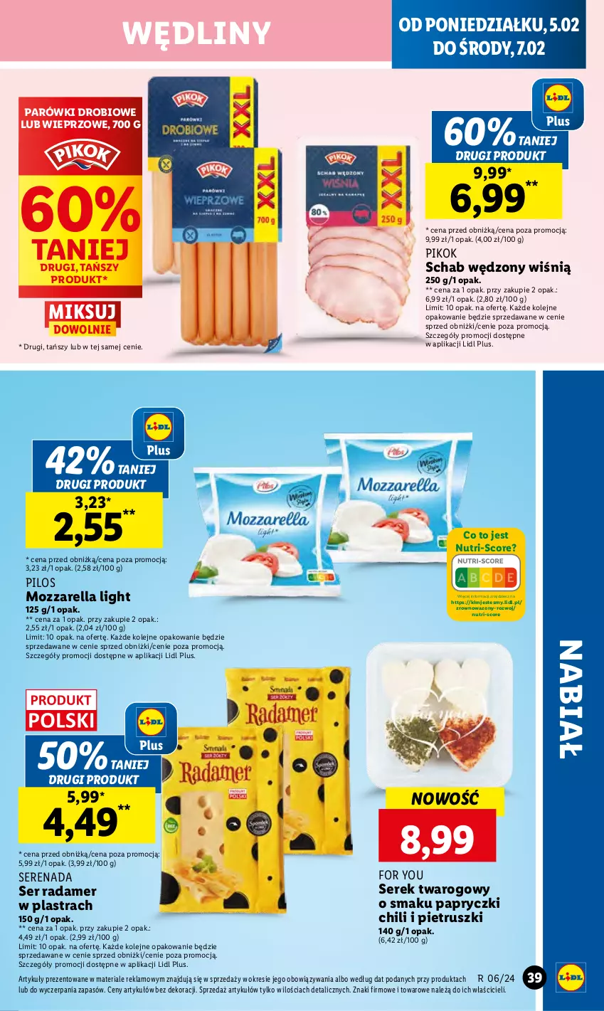 Gazetka promocyjna Lidl - GAZETKA - ważna 05.02 do 07.02.2024 - strona 43 - produkty: Mozzarella, Olej, Parówki, PIKOK, Pilos, Radamer, Ser, Serek, Serek twarogowy, Wazon