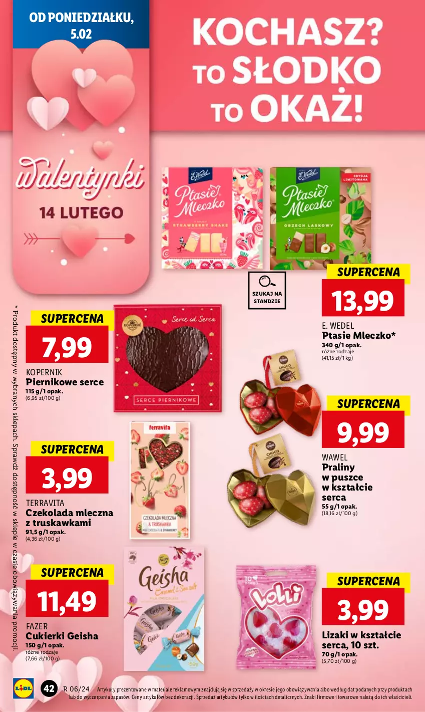 Gazetka promocyjna Lidl - GAZETKA - ważna 05.02 do 07.02.2024 - strona 46 - produkty: Cukier, Cukierki, Czekolada, Czekolada mleczna, E. Wedel, Fa, Lizaki, Mleczko, Piernik, Praliny, Ptasie mleczko, Ser, Vita C, Wawel