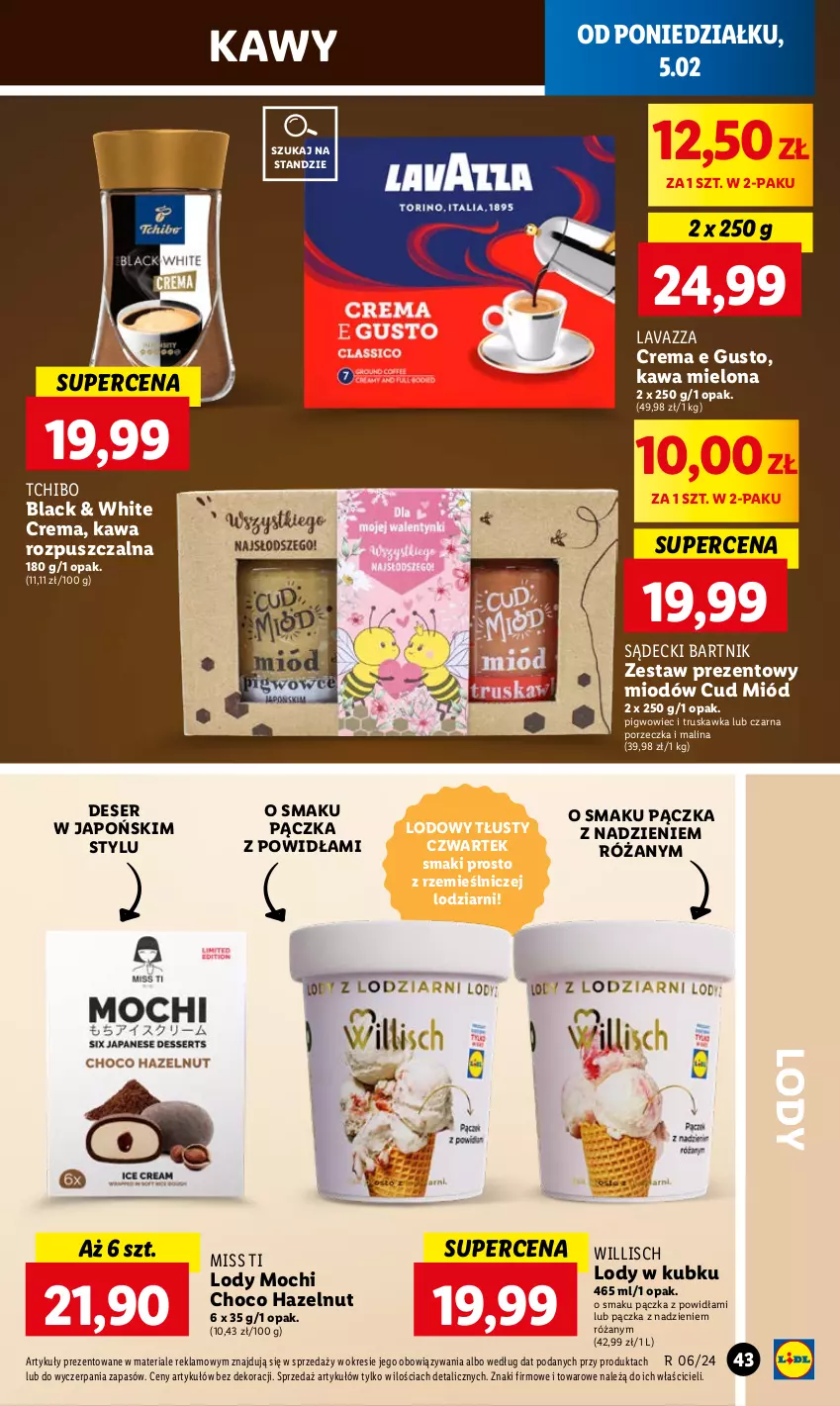 Gazetka promocyjna Lidl - GAZETKA - ważna 05.02 do 07.02.2024 - strona 47 - produkty: Deser, Kawa, Kawa mielona, Kawa rozpuszczalna, Lack, Lavazza, Lody, Miód, Pigwowiec, Por, Róża, Ser, Tchibo, Zestaw prezentowy