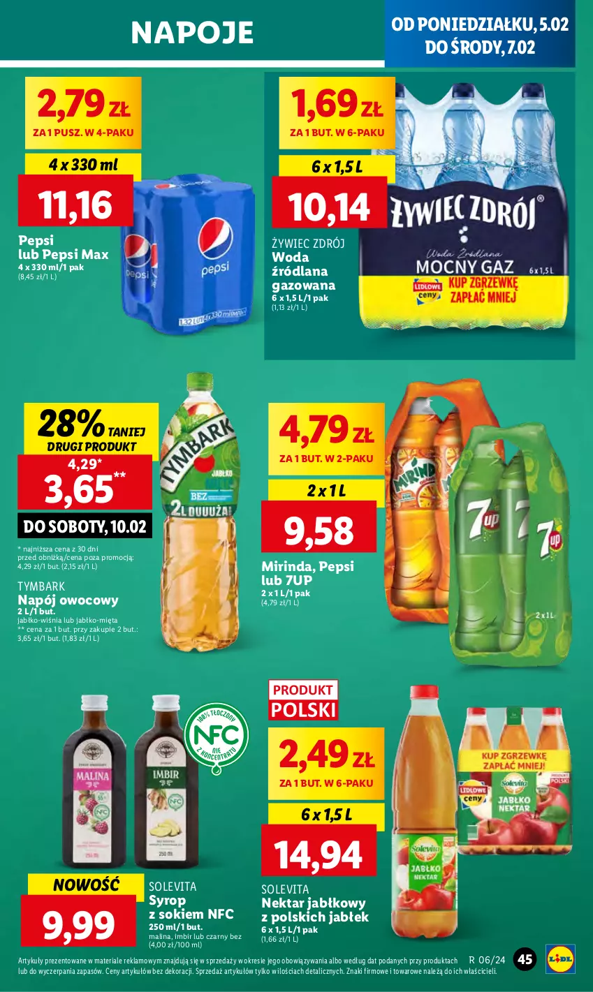 Gazetka promocyjna Lidl - GAZETKA - ważna 05.02 do 07.02.2024 - strona 51 - produkty: 7up, Imbir, LANA, Mięta, Mirinda, Napój, Napoje, Nektar, Pepsi, Pepsi max, Sok, Syrop, Tymbark, Woda