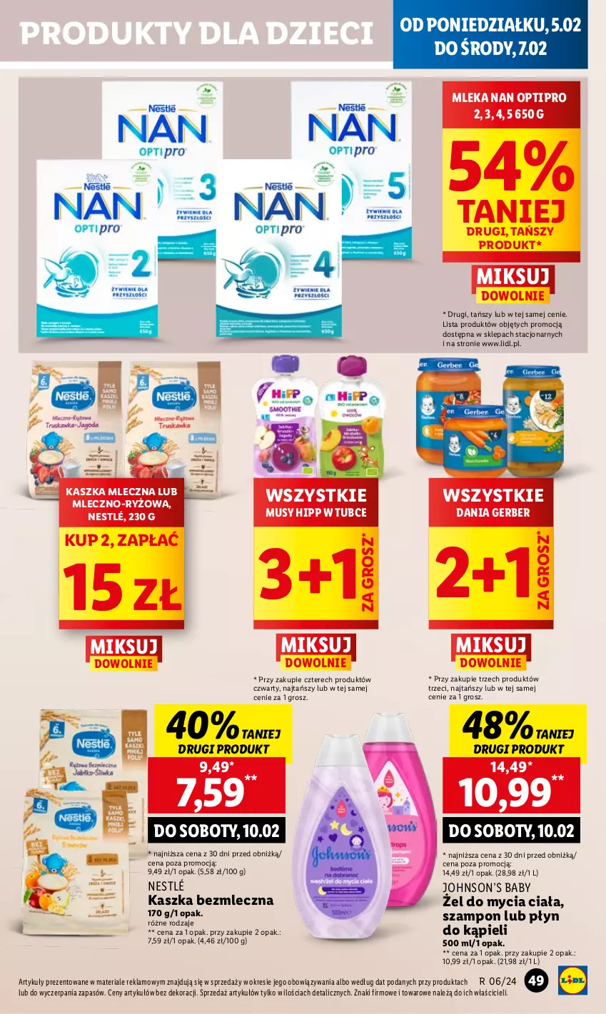 Gazetka promocyjna Lidl - GAZETKA - ważna 05.02 do 07.02.2024 - strona 57 - produkty: Dzieci, Gerber, HiPP, Mus, NAN Optipro, Nestlé, Płyn do kąpieli, Ryż, Szampon