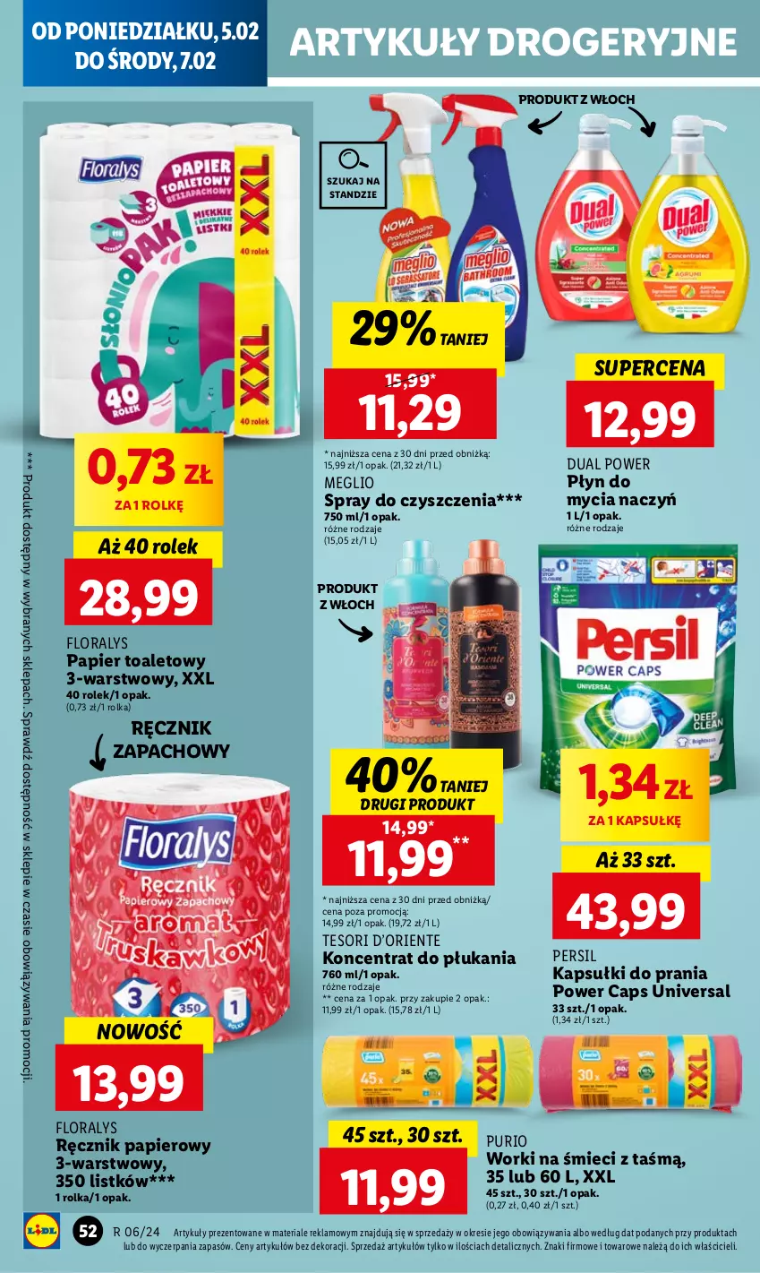 Gazetka promocyjna Lidl - GAZETKA - ważna 05.02 do 07.02.2024 - strona 60 - produkty: Do mycia naczyń, Flora, Kapsułki do prania, Papier, Papier toaletowy, Persil, Płyn do mycia, Płyn do mycia naczyń, Pur, Ręcznik, Spray do czyszczenia, Worki na śmiec, Worki na śmieci